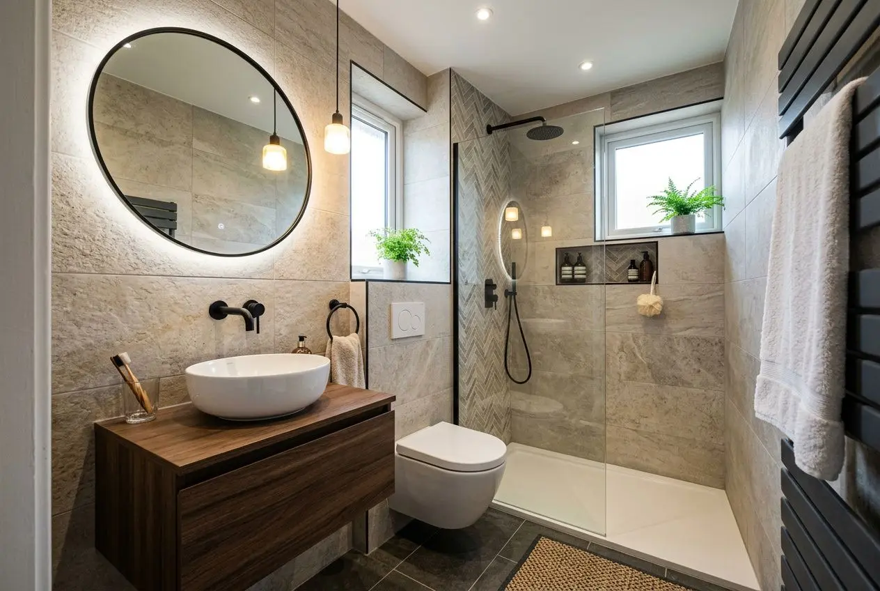 Bagno moderno e compatto: lavabo sospeso su mobile in legno, grande specchio rotondo, wc sospeso, zona doccia walk-in con pareti in piastrelle beige, rubinetti neri e accessori essenziali. Finestra, piante in vetrine, illuminazione sospesa e asciugamano. Integra come arredare un bagno piccolo moderno.
