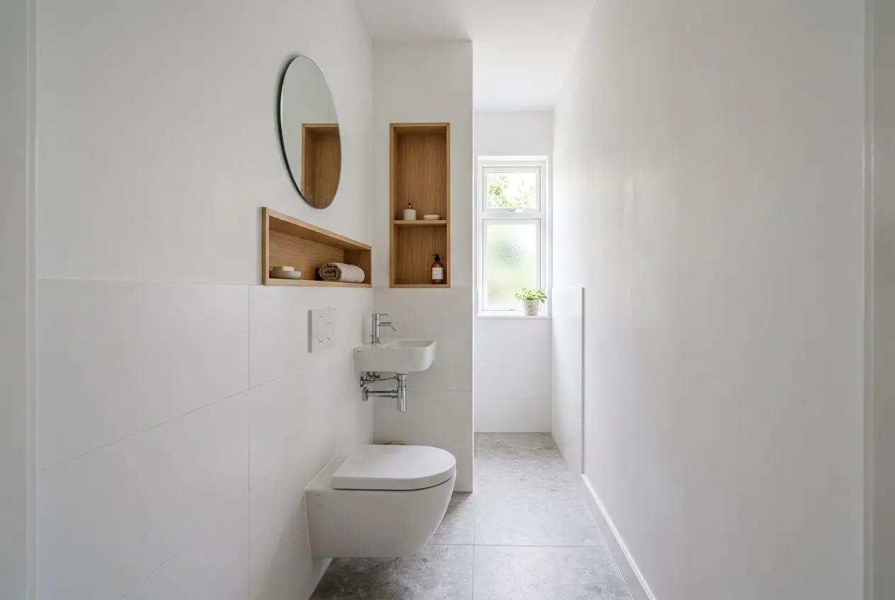Progetto bagno piccolo rettangolare: bagno bianco essenziale con lavabo, WC sospeso, mensole in legno e finestra che amplia visivamente lo spazio.