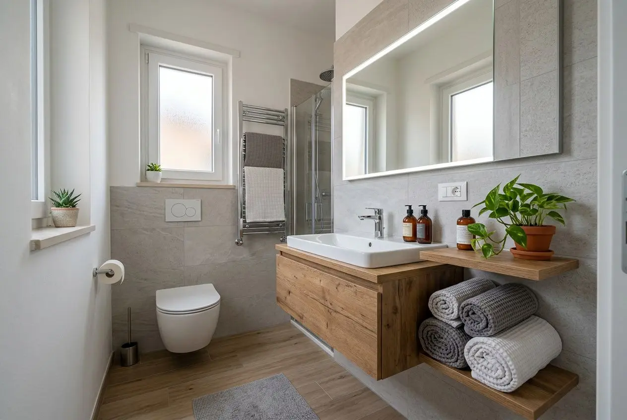 Bagno piccolo moderno con lavabo su piano in legno, scaffale portante e asciugamani arrotolati. Toilette sospesa, piccole piante e luci a LED. Integrato stile salvaspazio.