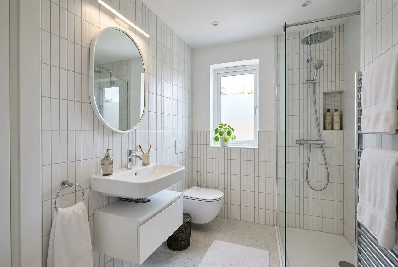 Bagno moderno e minimale con piastrelle bianche, lavabo sospeso, specchio rotondo e asciugamano, WC e doccia a parete con soffione grande. come arredare un bagno piccolo moderno in modo funzionale.