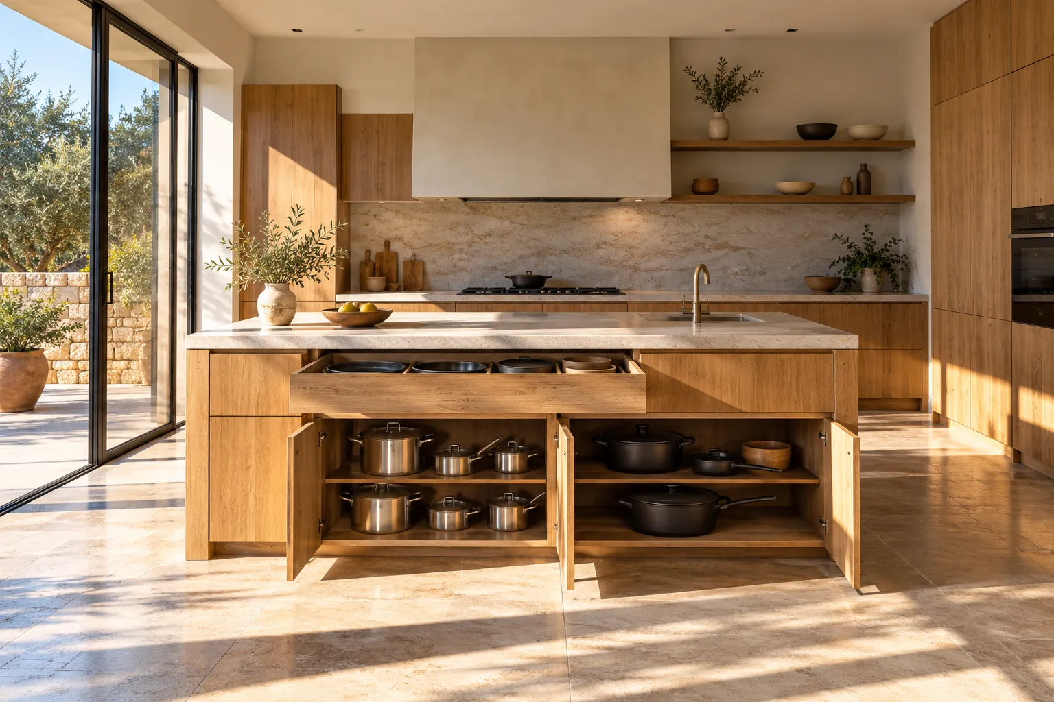 Cucina moderna con isola in legno e cassetti aperti che mostrano pentole e utensili in superficie e sotto, illuminata da