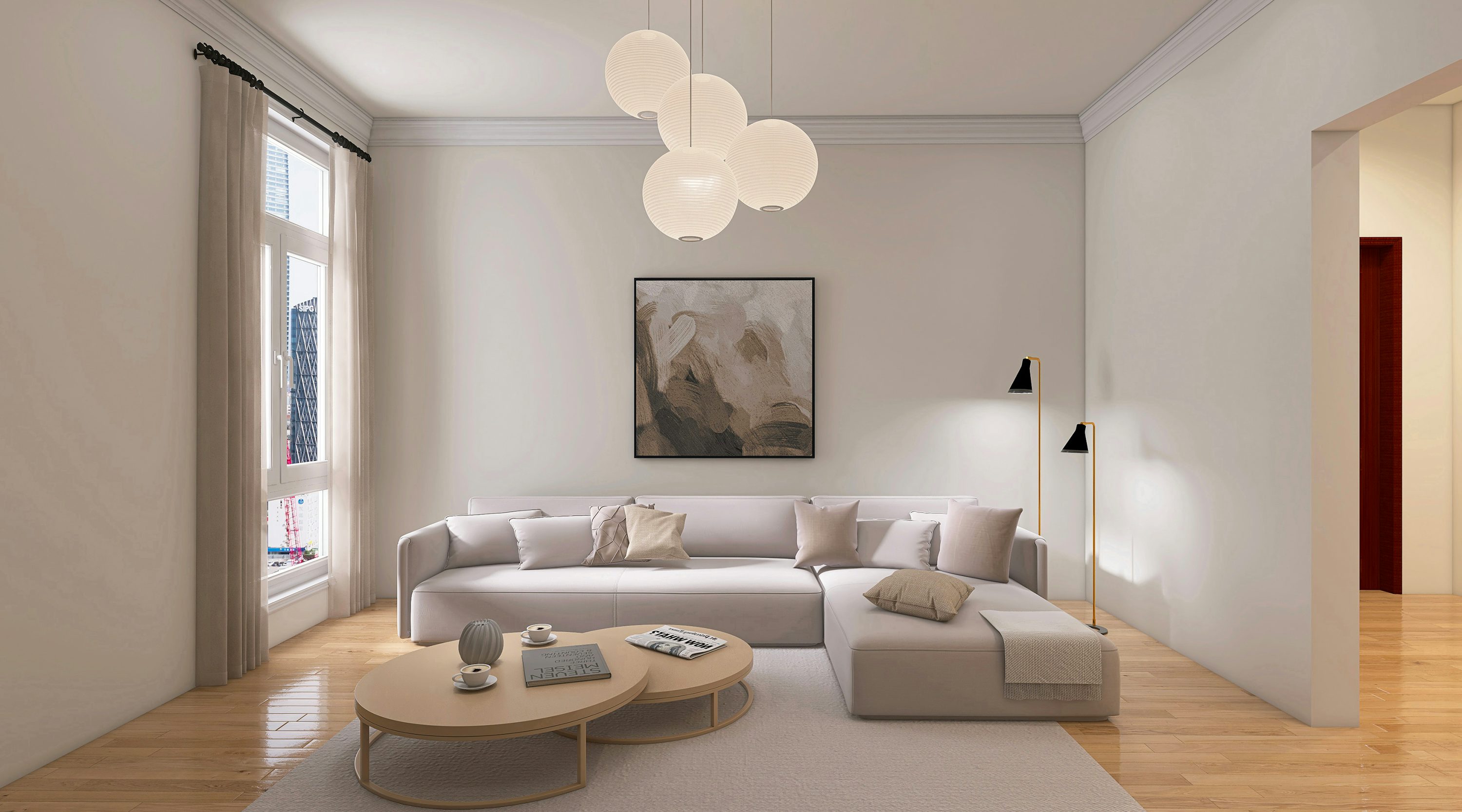 Soggiorno moderno con divano grigio chiaro a L, tavolini_round in legno, lampade da soffitto bianche a sfere e dipinto