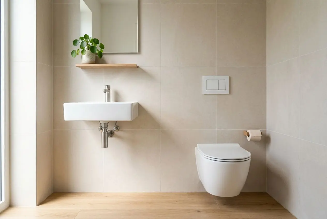 Bagno piccolo ed essenziale con lavabo sospeso, WC a muro, cartaigienica e piastrelle neutre; elemento verde sul ripiano e finestra luminosa. Soluzioni bagni piccoli bellissimi presentate.