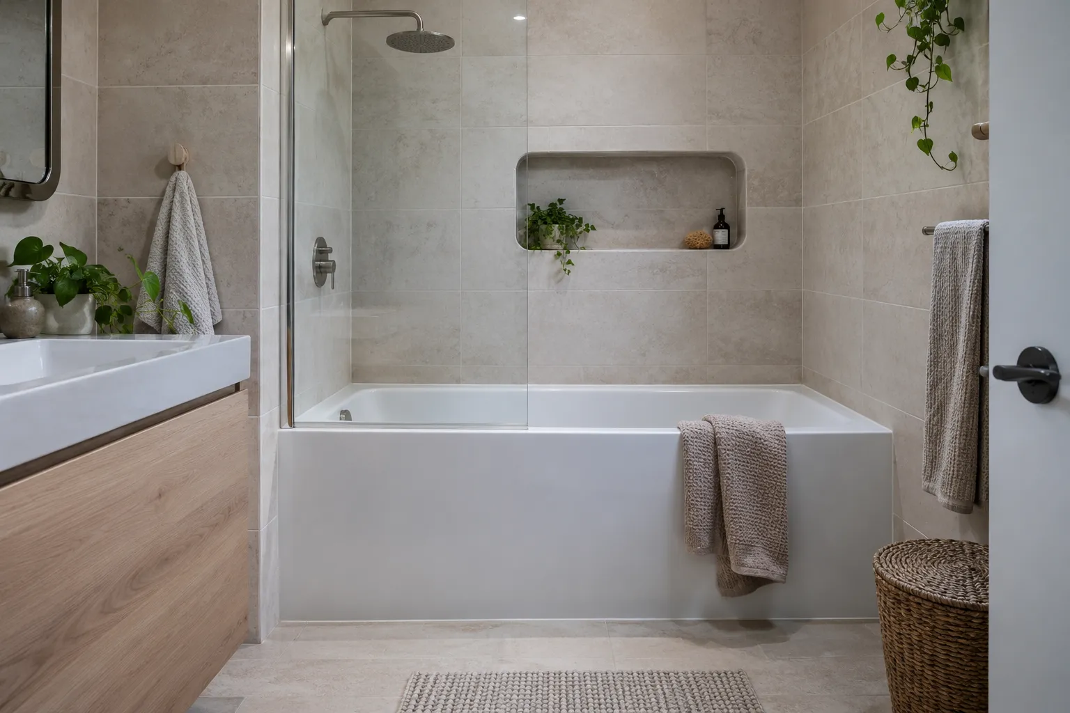 Bagno moderno con doccia a vetro e vasca da bagno integrata, mensola incassata nella parete con piante e oggetti decorativi.